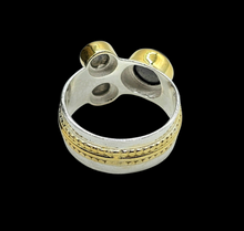 Load image into Gallery viewer, Three Stone Labradorite Ring, Size P 1/2, Blue Labradorite, Magic Stone, Protection Stone, Two Tone Ring, Wide Band - GemzAustralia 
