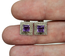 Load image into Gallery viewer, Amethyst Halo Studs, 925 Sterling Silver, Square Shaped, February Birthstone, 2.3 carats, Protection Amulet - GemzAustralia 