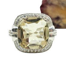 Load image into Gallery viewer, Halo Lemon Quartz &amp; Zircon Ring, Size 11, Cushion Square Facet, 8.5 carats, Sterling Silver, Mental Clarity, Confidence Gem - GemzAustralia 