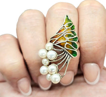 Load image into Gallery viewer, Art Nouveau Pearl and Enamel Statement Ring, Size 6.75, Sterling Silver, June Birthstone, Vintage Style