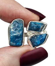 Load image into Gallery viewer, Raw Blue Apatite Ring, Three Stone Ring, Size 9 1/2, Sterling Silver, Raw Gems, Neon Blue Apatite, Electric Blue Gemstone - GemzAustralia 