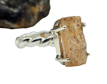 Load image into Gallery viewer, Rough Imperial Topaz Ring, Size 8, Sterling Silver, Raw Gemstone, Twisted Band, Rectangle Design, Manifestation Stone, Solar Plexus Chakra - GemzAustralia 