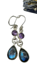 Load image into Gallery viewer, Labradorite &amp; Amethyst Earrings, Sterling Silver, Round/Pear Design, Mystical Magical Gemstone, Companion through Change - GemzAustralia 