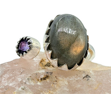 Load image into Gallery viewer, Sunset Peach Pink Labradorite &amp; Amethyst Ring, Size 8, Sterling Silver, Toi et Moi Ring, Prong set, Magic Stone, Protection Stone - GemzAustralia 
