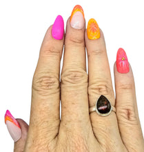 Load image into Gallery viewer, Red Ammolite Ring, Size 6.75, Sterling Silver, Pear Shaped, Fossilized Ammonite, Opal like Gemstone, Wisdom Stone, Growth Stone