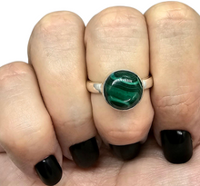 Load image into Gallery viewer, Round Malachite Ring, Size P 1/2, Sterling Silver, Rich Green Gemstone, Bezel Set, Visionary Stone, Warns of Danger - GemzAustralia 
