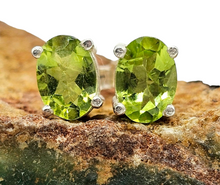 Load image into Gallery viewer, Peridot Stud Earrings, Sterling Silver, Oval Shaped, Prong Set, August Birthstone, Protection Gemstone - GemzAustralia 