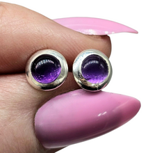 Load image into Gallery viewer, Purple Amethyst Studs, Sterling Silver, Round Cabochons, Solitaire studs, Bezel Set Earrings, February Birthstone - GemzAustralia 