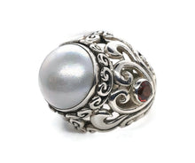 Load image into Gallery viewer, Mabe Pearl &amp; Garnet Ring, 925 Sterling Silver, Size 7.25, Vintage Style, Filigree Heart - GemzAustralia 