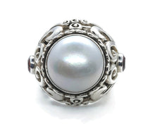 Load image into Gallery viewer, Mabe Pearl &amp; Garnet Ring, 925 Sterling Silver, Size 7.25, Vintage Style, Filigree Heart - GemzAustralia 