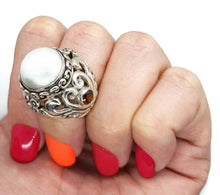 Load image into Gallery viewer, Mabe Pearl &amp; Garnet Ring, 925 Sterling Silver, Size 7.25, Vintage Style, Filigree Heart - GemzAustralia 