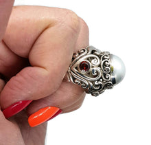 Load image into Gallery viewer, Mabe Pearl &amp; Garnet Ring, 925 Sterling Silver, Size 7.25, Vintage Style, Filigree Heart - GemzAustralia 