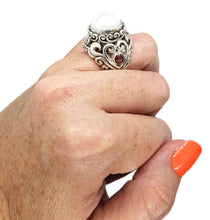 Load image into Gallery viewer, Mabe Pearl &amp; Garnet Ring, 925 Sterling Silver, Size 7.25, Vintage Style, Filigree Heart - GemzAustralia 
