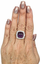 Load image into Gallery viewer, Amethyst Halo Ring, Size 9, Sterling Silver, Square Shaped, Cabochon Amethyst - GemzAustralia 