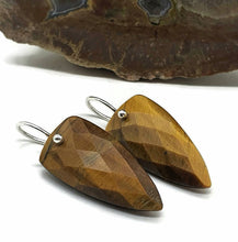 Load image into Gallery viewer, Tiger's Eye Earrings, Arrowhead Design, Sterling Silver, Checkerboard Facet - GemzAustralia 