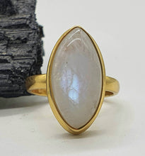 Load image into Gallery viewer, Rainbow Moonstone Ring, Size 8, Sterling Silver, 14k gold plated, Marquise - GemzAustralia 