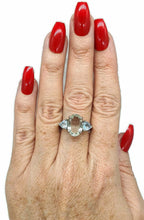 Load image into Gallery viewer, Green Amethyst &amp; Blue Topaz Trilogy Ring, 2 sizes, Sterling Silver, Three Stone Ring - GemzAustralia 