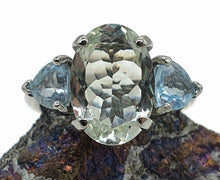 Load image into Gallery viewer, Green Amethyst &amp; Blue Topaz Trilogy Ring, 2 sizes, Sterling Silver, Three Stone Ring - GemzAustralia 