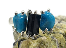 Load image into Gallery viewer, Rough Blue Turquoise &amp; Black Tourmaline Ring, Size 8, Sterling Silver - GemzAustralia 