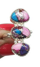 Load image into Gallery viewer, Pink Opal &amp; Oyster Turquoise Ring, Size 6.5, Three Stone Ring, Sterling Silver, Love Stone - GemzAustralia 